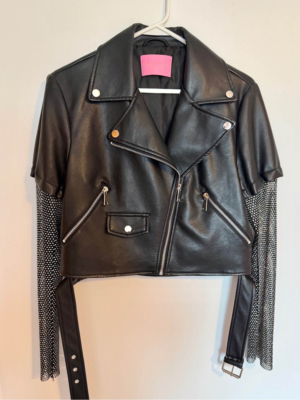 Akira AZALEA WANG Rhinestone Mesh Sleeve Faux Leather Moto Jacket XL